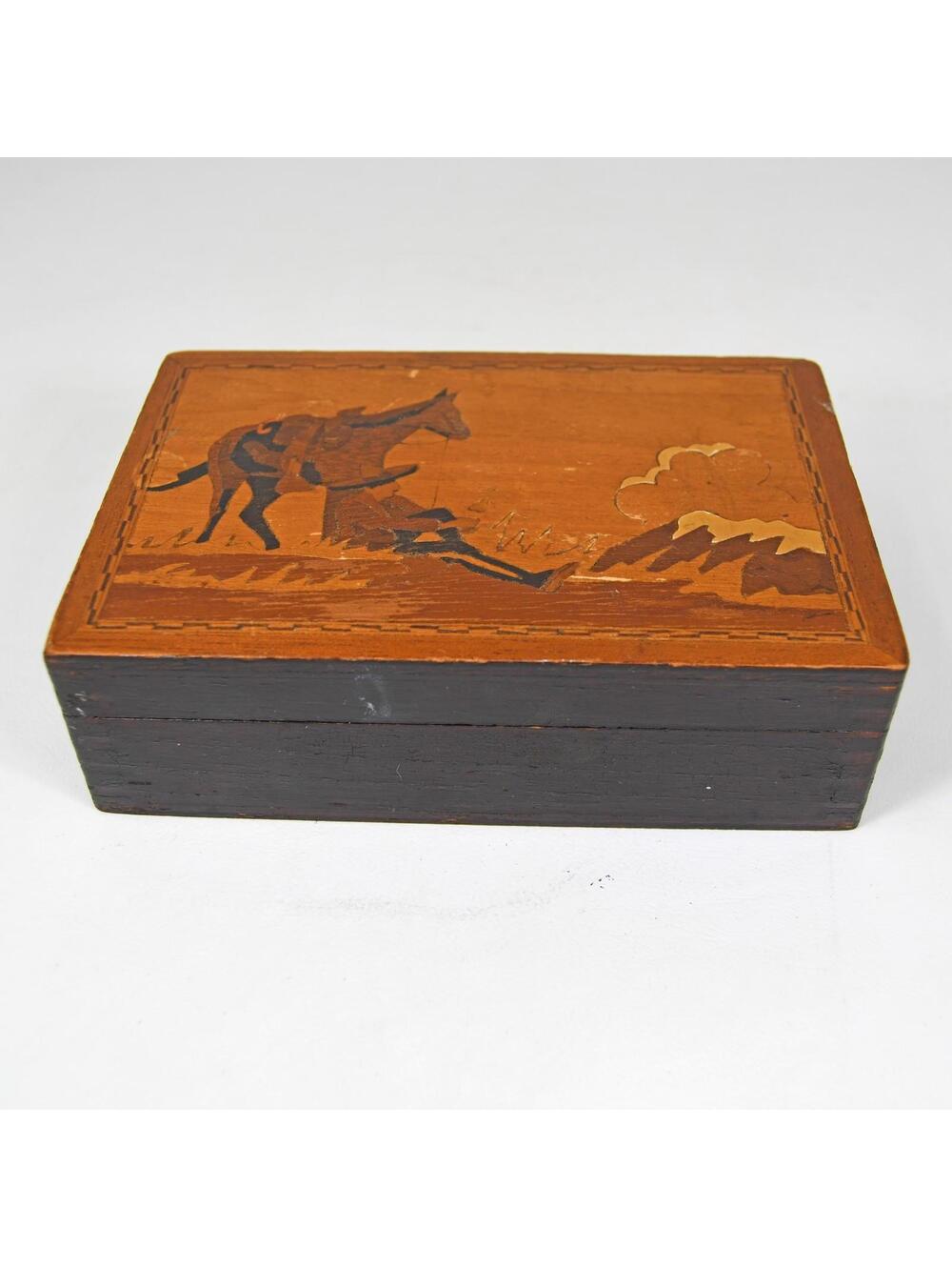 Cowboy Wood Trinket Box Campfire Horse Dovetail Marquetry Inlay Vintage